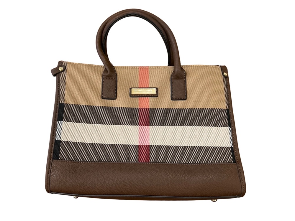 Burberry House Check Canvas & Brown Leather Tote Bag w/ Crossbody Strap